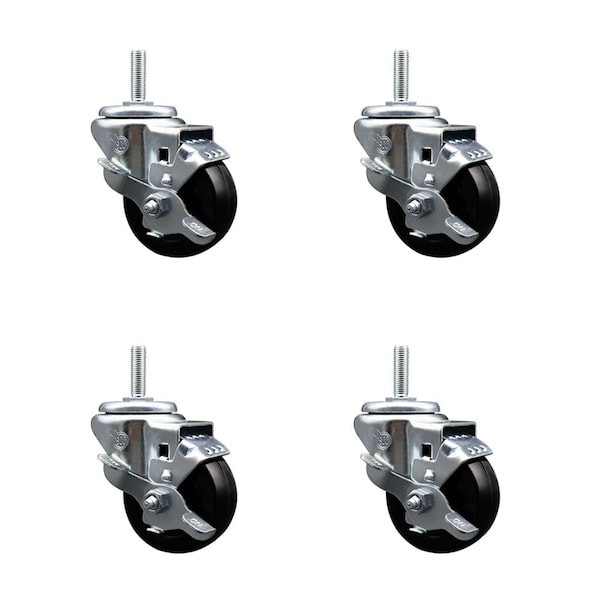 3 Inch Hard Rubber Wheel Swivel 58 Inch Threaded Stem Caster Set with Brake SCC